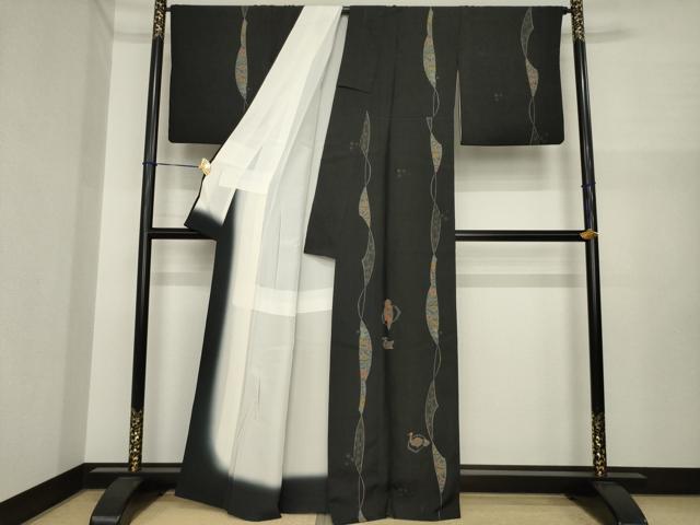 平和屋着物●訪問着　紬地　絞り　花鳥文　黒地　正絹　逸品　AABI7561ck