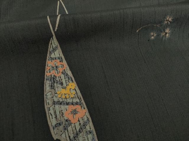 平和屋着物●訪問着　紬地　絞り　花鳥文　黒地　正絹　逸品　AABI7561ck