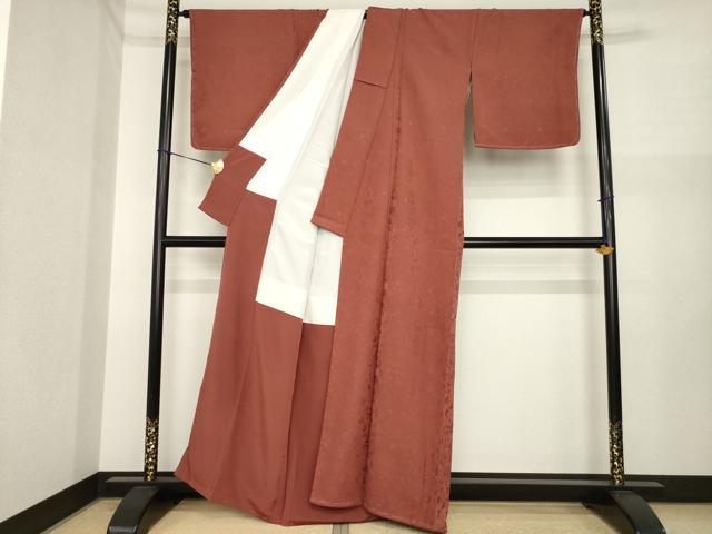 平和屋着物●上質な色無地　吉祥花地紋　小豆色　正絹　逸品　AABI7564ck