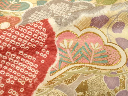 平和屋着物●豪華振袖　駒刺繍　絞り　枝花文　松　金彩　正絹　逸品　AABI7571ck