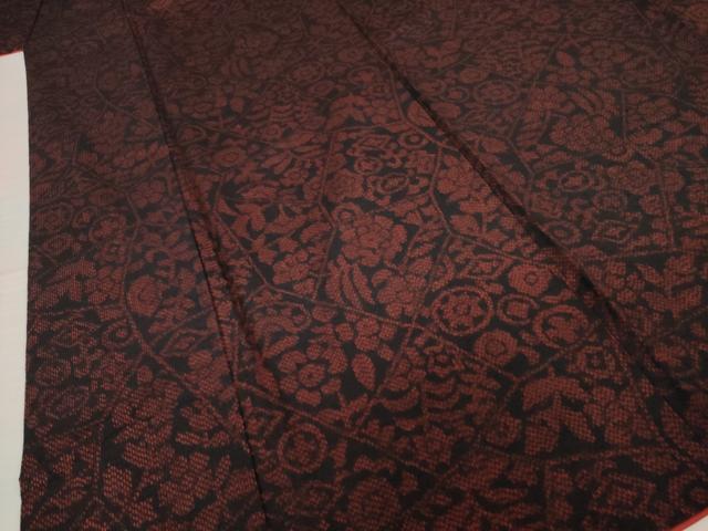 平和屋着物●結城紬　割付き花文　黒地　正絹　逸品　AABI7575ck