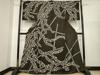 平和屋着物●訪問着　総絞り　枝垂れ花文　黒地　金通し地　正絹　逸品　AABI7584ck