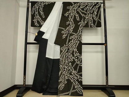 平和屋着物●訪問着　総絞り　枝垂れ花文　黒地　金通し地　正絹　逸品　AABI7584ck