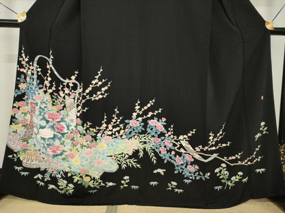 平和屋着物●本加賀友禅作家　染元千紅代表　寺西一紘　黒留袖　短冊花篭文　正絹　逸品　AABI7588ck