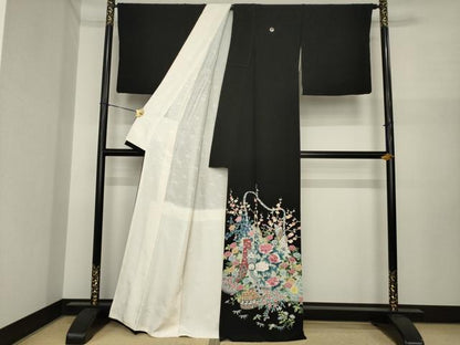 平和屋着物●本加賀友禅作家　染元千紅代表　寺西一紘　黒留袖　短冊花篭文　正絹　逸品　AABI7588ck