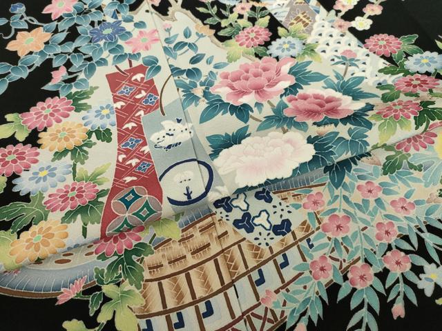 平和屋着物●本加賀友禅作家　染元千紅代表　寺西一紘　黒留袖　短冊花篭文　正絹　逸品　AABI7588ck