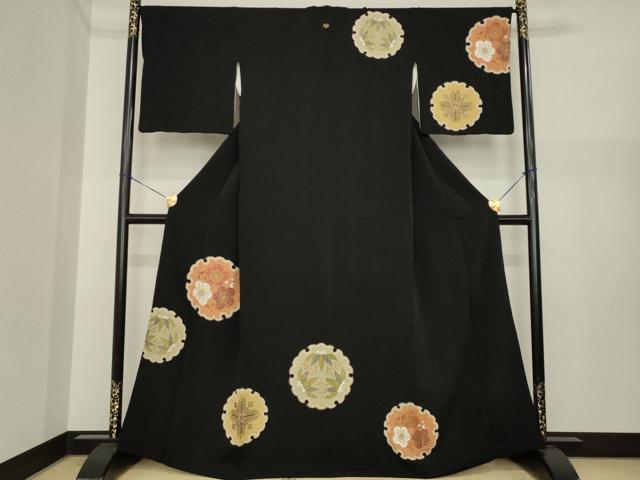 平和屋着物●訪問着　雪輪花文　黒地　金彩　鬼しぼ縮緬　正絹　逸品　AABI7593ck