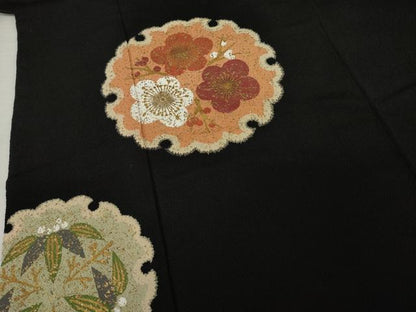 平和屋着物●訪問着　雪輪花文　黒地　金彩　鬼しぼ縮緬　正絹　逸品　AABI7593ck