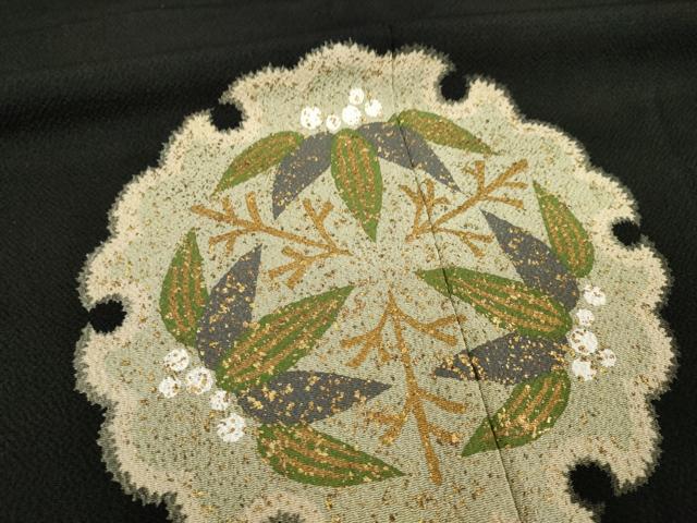 平和屋着物●訪問着　雪輪花文　黒地　金彩　鬼しぼ縮緬　正絹　逸品　AABI7593ck