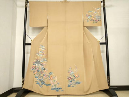 平和屋着物●訪問着　型染め　風景花文　鬼しぼ縮緬　正絹　逸品　AABI7596ck
