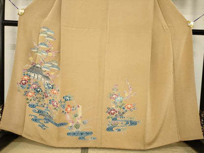 平和屋着物●訪問着　型染め　風景花文　鬼しぼ縮緬　正絹　逸品　AABI7596ck