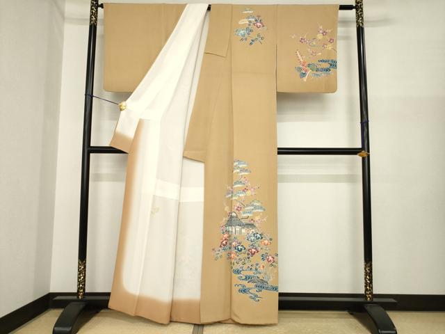 平和屋着物●訪問着　型染め　風景花文　鬼しぼ縮緬　正絹　逸品　AABI7596ck