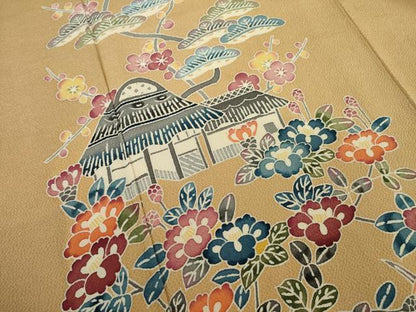 平和屋着物●訪問着　型染め　風景花文　鬼しぼ縮緬　正絹　逸品　AABI7596ck