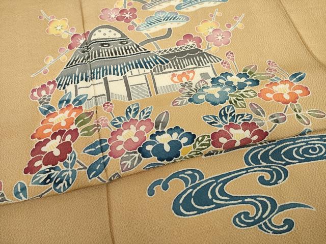 平和屋着物●訪問着　型染め　風景花文　鬼しぼ縮緬　正絹　逸品　AABI7596ck