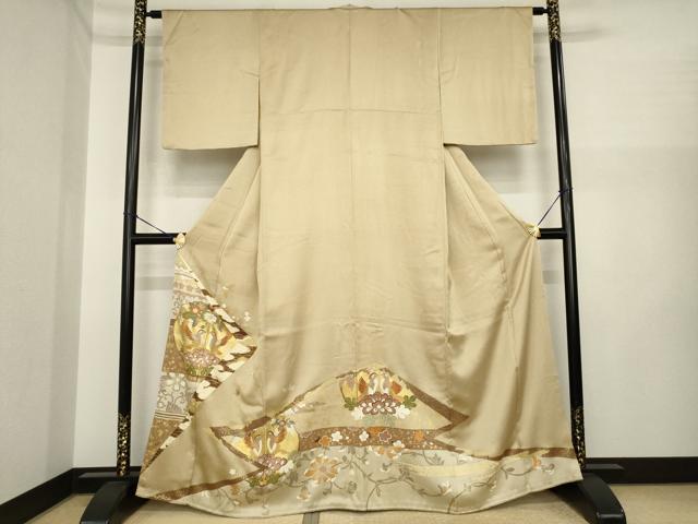 平和屋着物●色留訪問着　駒刺繍　向かい鳥更紗花文　金彩　三越扱い　正絹　逸品　AABI7597ck