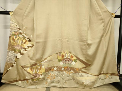 平和屋着物●色留訪問着　駒刺繍　向かい鳥更紗花文　金彩　三越扱い　正絹　逸品　AABI7597ck