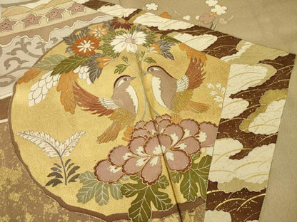 平和屋着物●色留訪問着　駒刺繍　向かい鳥更紗花文　金彩　三越扱い　正絹　逸品　AABI7597ck