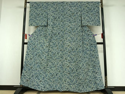 平和屋着物▽上質な小紋　単衣　藍　型染め　花唐草文　鬼しぼ縮緬　正絹　逸品　AABI7601jh