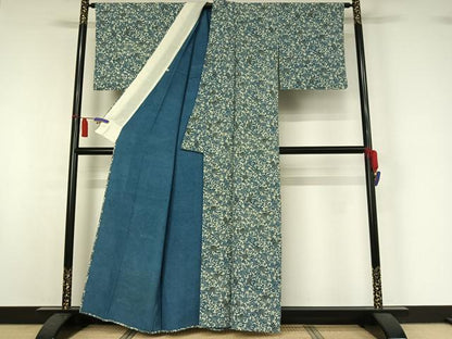 平和屋着物▽上質な小紋　単衣　藍　型染め　花唐草文　鬼しぼ縮緬　正絹　逸品　AABI7601jh