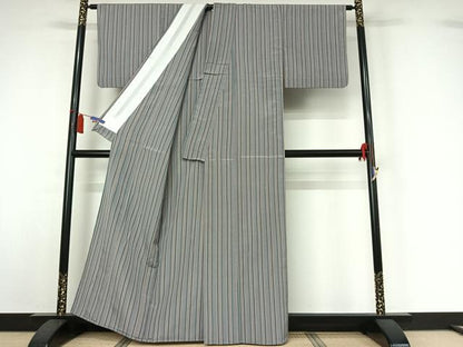 平和屋着物▽上質な小紋　単衣　縞　正絹　逸品　AABI7607jh