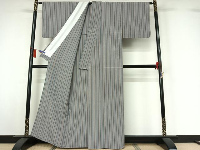 平和屋着物▽上質な小紋　単衣　縞　正絹　逸品　AABI7607jh