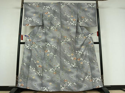 平和屋着物▽小紋　単衣　流水花文　金彩　洗える着物　AABI7613jh
