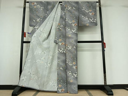 平和屋着物▽小紋　単衣　流水花文　金彩　洗える着物　AABI7613jh