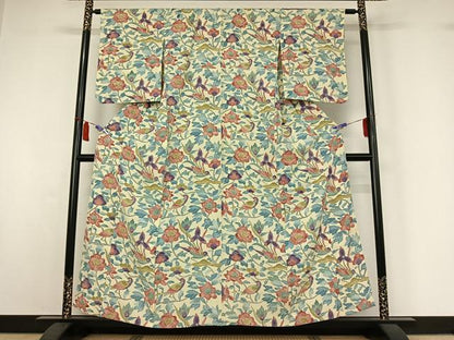 平和屋着物▽上質な小紋　単衣　花鳥文　正絹　逸品　AABI7616jh