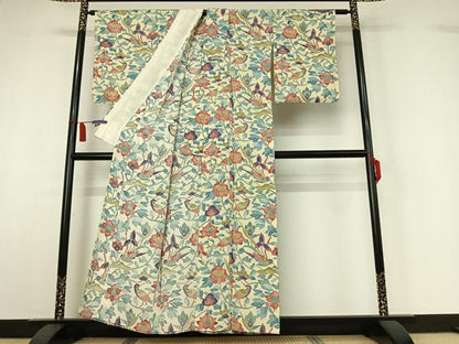 平和屋着物▽上質な小紋　単衣　花鳥文　正絹　逸品　AABI7616jh