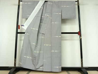平和屋着物▽上質な紬　単衣　横段花文　さが美扱い　正絹　逸品　AABI7621jh