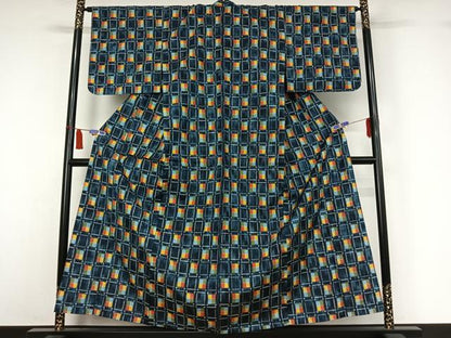 平和屋着物▽上質な紬　単衣　幾何学文様　正絹　逸品　AABI7624jh