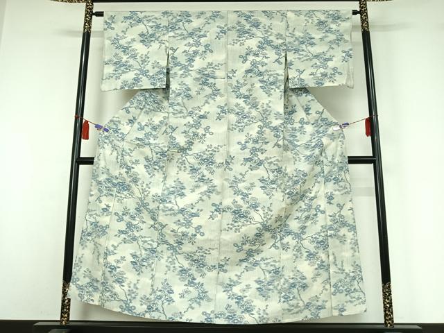 平和屋着物▽上質な紬　単衣　枝梅文　正絹　逸品　AABI7626jh