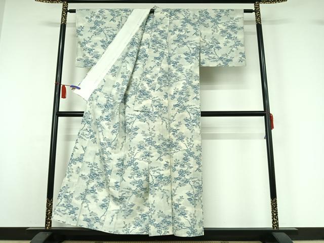 平和屋着物▽上質な紬　単衣　枝梅文　正絹　逸品　AABI7626jh