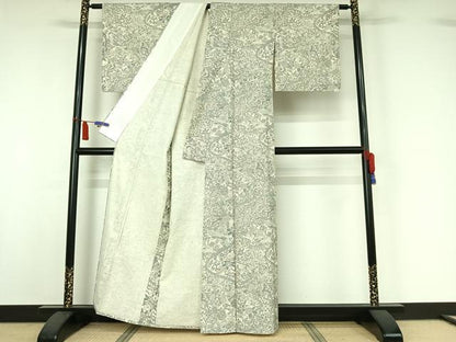 平和屋着物▽上質な小紋　単衣　紬地　鳳凰更紗花文　正絹　逸品　AABI7627jh