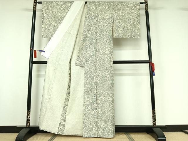 平和屋着物▽上質な小紋　単衣　紬地　鳳凰更紗花文　正絹　逸品　AABI7627jh