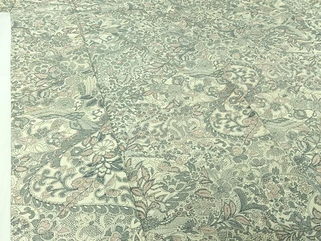 平和屋着物▽上質な小紋　単衣　紬地　鳳凰更紗花文　正絹　逸品　AABI7627jh