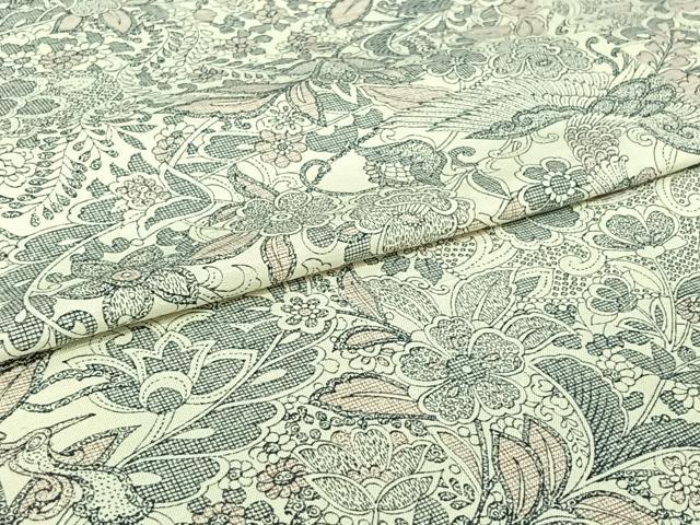 平和屋着物▽上質な小紋　単衣　紬地　鳳凰更紗花文　正絹　逸品　AABI7627jh
