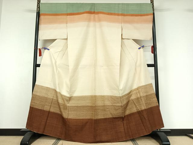 平和屋着物▽訪問着　単衣　紬地　横段文　仮絵羽　正絹　逸品　未使用　AABI7629jh