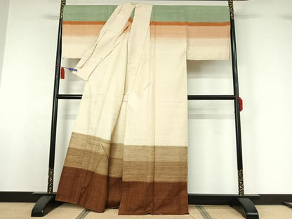 平和屋着物▽訪問着　単衣　紬地　横段文　仮絵羽　正絹　逸品　未使用　AABI7629jh