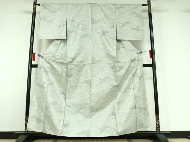 平和屋着物▽お召　単衣　雲取り文　正絹　逸品　AABI7635jh