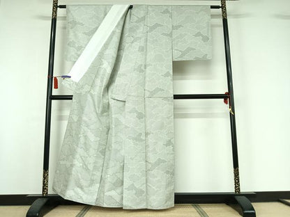 平和屋着物▽お召　単衣　雲取り文　正絹　逸品　AABI7635jh