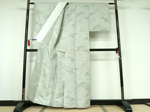 平和屋着物▽お召　単衣　雲取り文　正絹　逸品　AABI7635jh