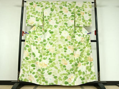 平和屋着物▽上質な小紋　単衣　草花文　暈し染め　正絹　逸品　AABI7638jh