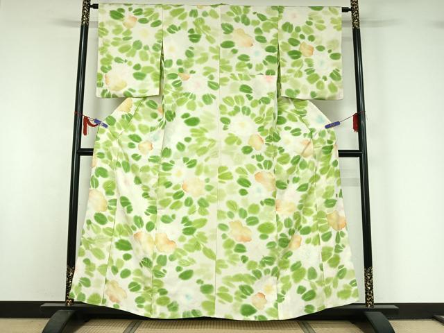 平和屋着物▽上質な小紋　単衣　草花文　暈し染め　正絹　逸品　AABI7638jh