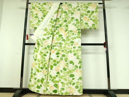 平和屋着物▽上質な小紋　単衣　草花文　暈し染め　正絹　逸品　AABI7638jh