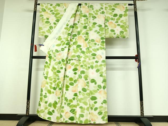 平和屋着物▽上質な小紋　単衣　草花文　暈し染め　正絹　逸品　AABI7638jh