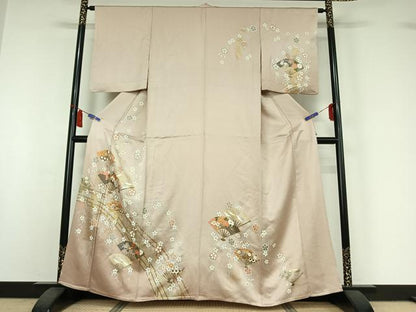平和屋着物▽訪問着　単衣　扇面飛鶴花文　金彩　正絹　逸品　AABI7639jh