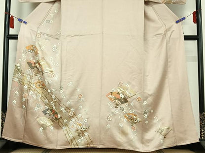 平和屋着物▽訪問着　単衣　扇面飛鶴花文　金彩　正絹　逸品　AABI7639jh