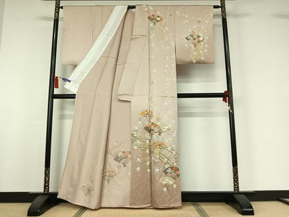 平和屋着物▽訪問着　単衣　扇面飛鶴花文　金彩　正絹　逸品　AABI7639jh
