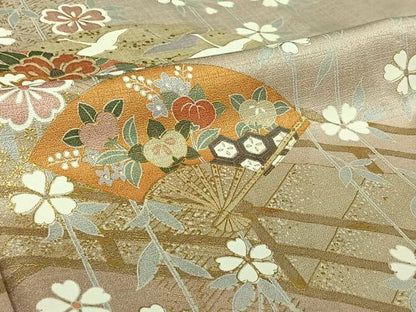 平和屋着物▽訪問着　単衣　扇面飛鶴花文　金彩　正絹　逸品　AABI7639jh